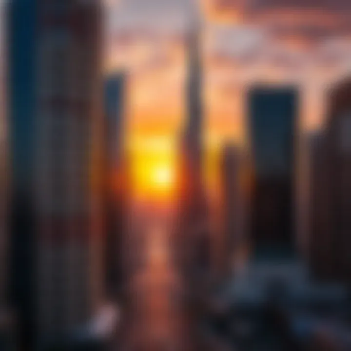 Architectural Elegance at Sunset Aerial shot revealing the architectural beauty of downtown Dubai during sunset