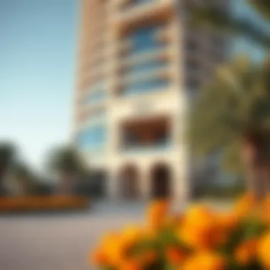 A view of the Apricot Tower's entrance and landscaping