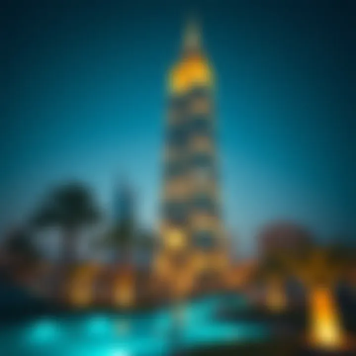 Evening shot of the Apricot Tower illuminated at night