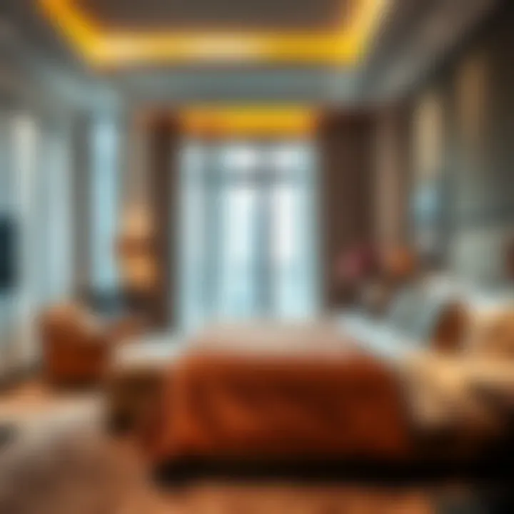 Elegant hotel apartment bedroom with plush bedding