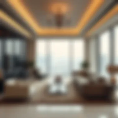 Luxurious hotel apartment living room with stunning city view