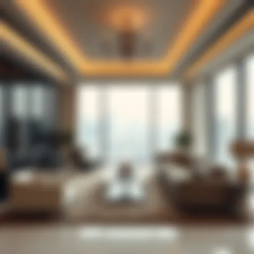 Luxurious hotel apartment living room with stunning city view