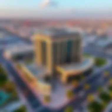 Aerial view of the Business Center Building and surrounding infrastructure