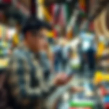 Tourist Engaging with a Mobile App in Dubai Market A tourist using a mobile app in a vibrant market in Dubai