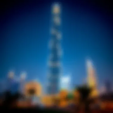 Baniyas Tower illuminated at night, highlighting its prominence in Dubai's skyline