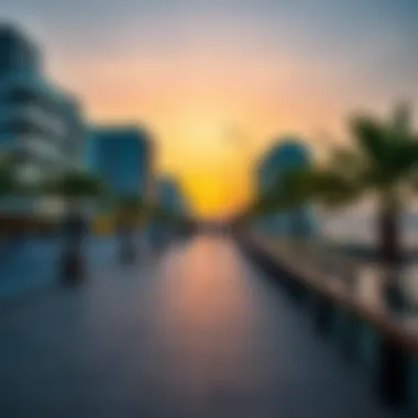 Sunset at Dubai's Waterfront Promenade A scenic view of a waterfront promenade in Dubai at sunset
