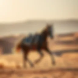 A majestic Arabian horse galloping through the desert landscape of Dubai