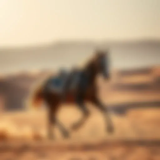 A majestic Arabian horse galloping through the desert landscape of Dubai