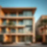 Stunning architectural facade of Masaken Al Muraqqabat showcasing modern design elements