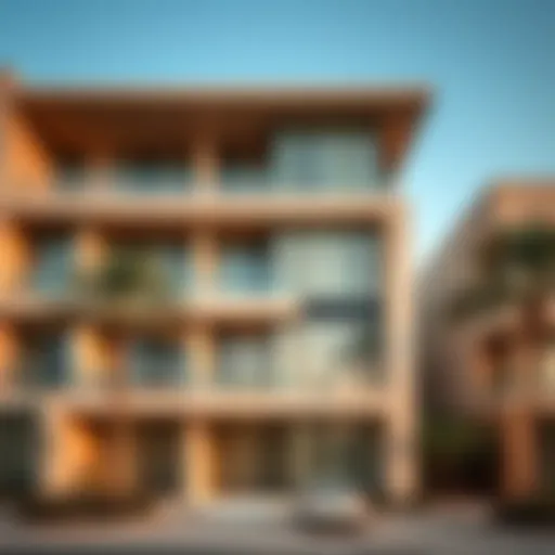 Stunning architectural facade of Masaken Al Muraqqabat showcasing modern design elements