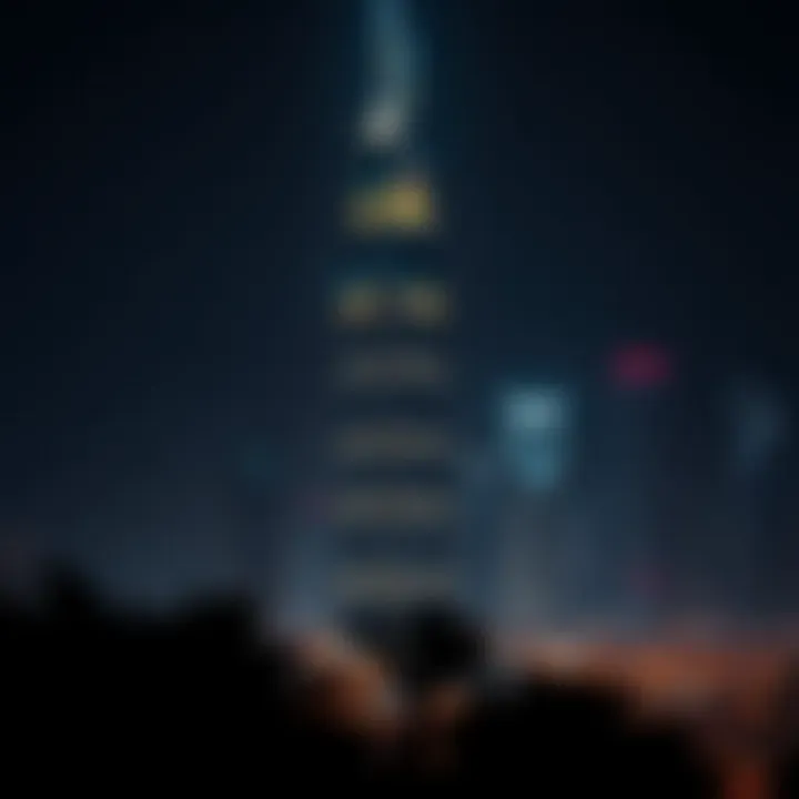 Night view of Nation Towers illuminated against the Dubai skyline