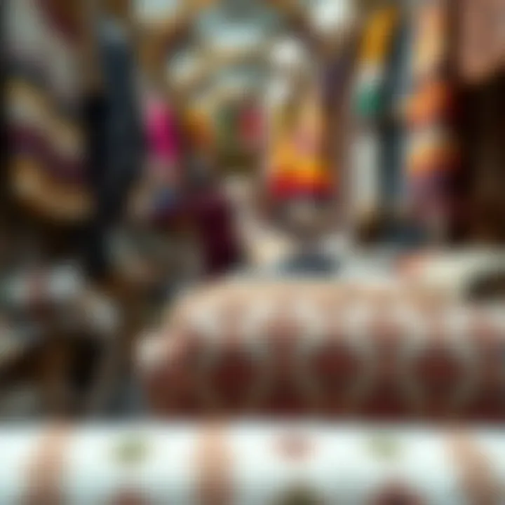 Traditional textiles displayed in a bustling market setting