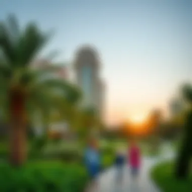 Community Well-Being Through Green Spaces in Dubai Community park in Dubai with families enjoying the green space