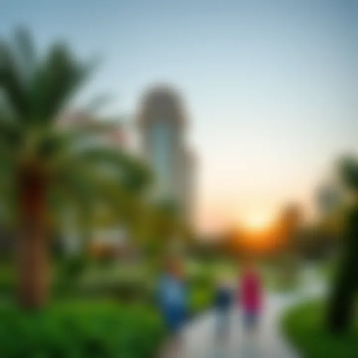 Community Well-Being Through Green Spaces in Dubai Community park in Dubai with families enjoying the green space