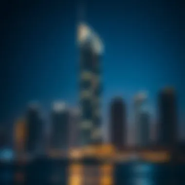 Marina Tower at Night Evening skyline of Dubai featuring Marina Tower illuminated at night