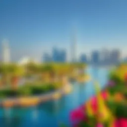 Vibrant view of Dubai Creek Harbour Park with lush greenery and modern skyline