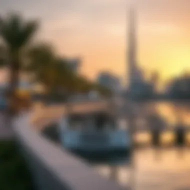 Urban Integration at Dubai Creek Harbour Park Sunset view showcasing the park's integration with urban development