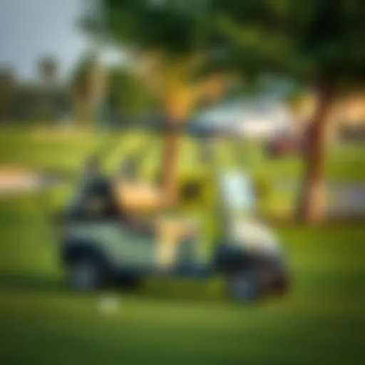 A sleek golf car parked on a lush green golf course in Dubai