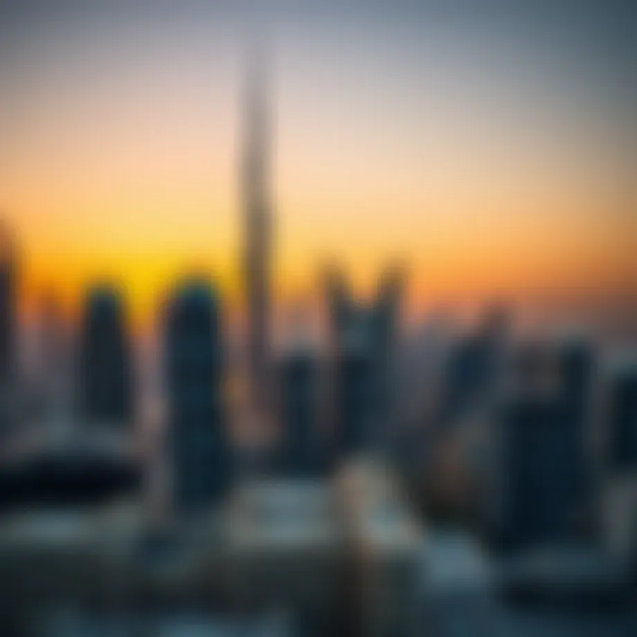 Panoramic view of Dubai skyline at sunset