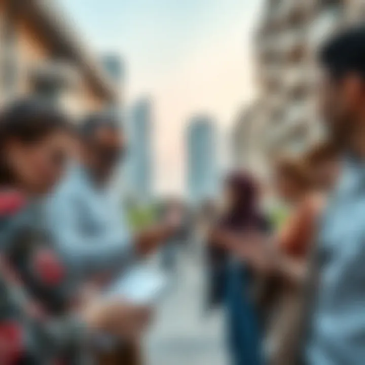 Illustration of a diverse group of investors examining property options in Dubai