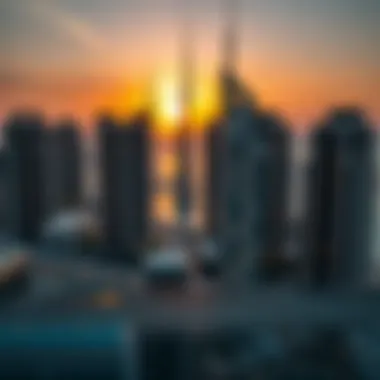 Sunset Reflection on Dubai's Sky Residences Stunning skyline view of sky residences reflecting sunset hues