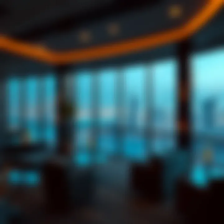 Stylish Lounge with Captivating Skyline Views Stylish lounge area with breathtaking views of Dubai's skyline