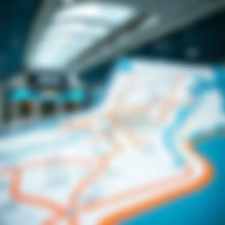 A graphic representation of the Dubai Metro network map highlighting major lines