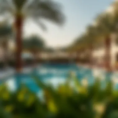 Luxurious swimming pool area surrounded by palm trees and lounge chairs in The Greens