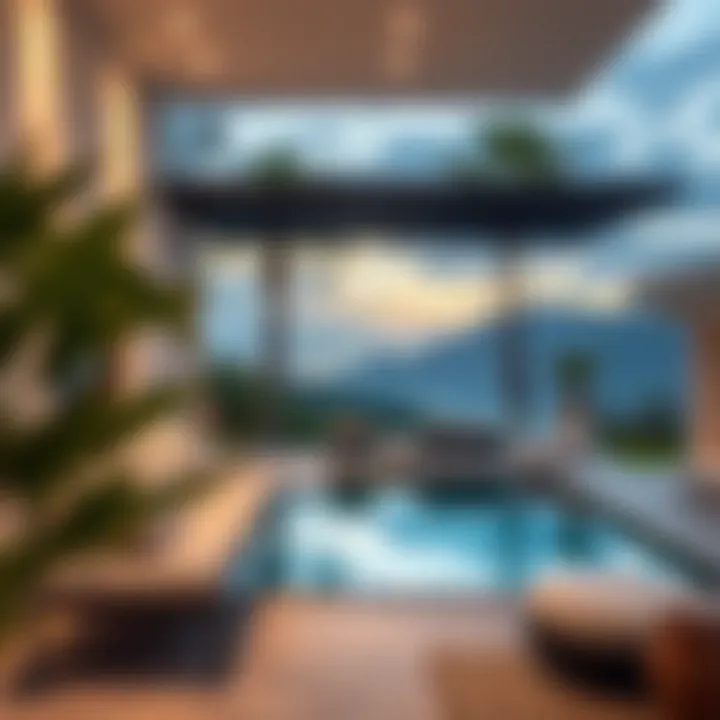 A serene outdoor space of a villa with a private pool and scenic views